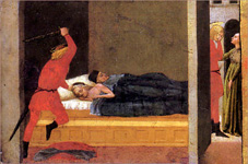 Убийство Святым Юлианом своих родителей. Истории Св. Юлиана и Св. Николая. Фрагмент. Часть полиптиха из церкви Кармине в Пизе. Мазаччо